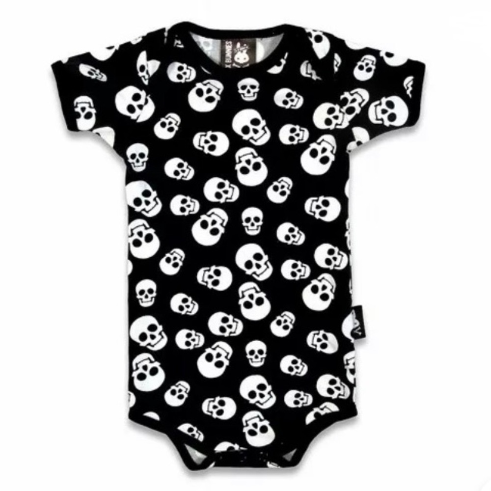 Polka Skulls Baby Onesie by Six Bunnies Size: 3-6m